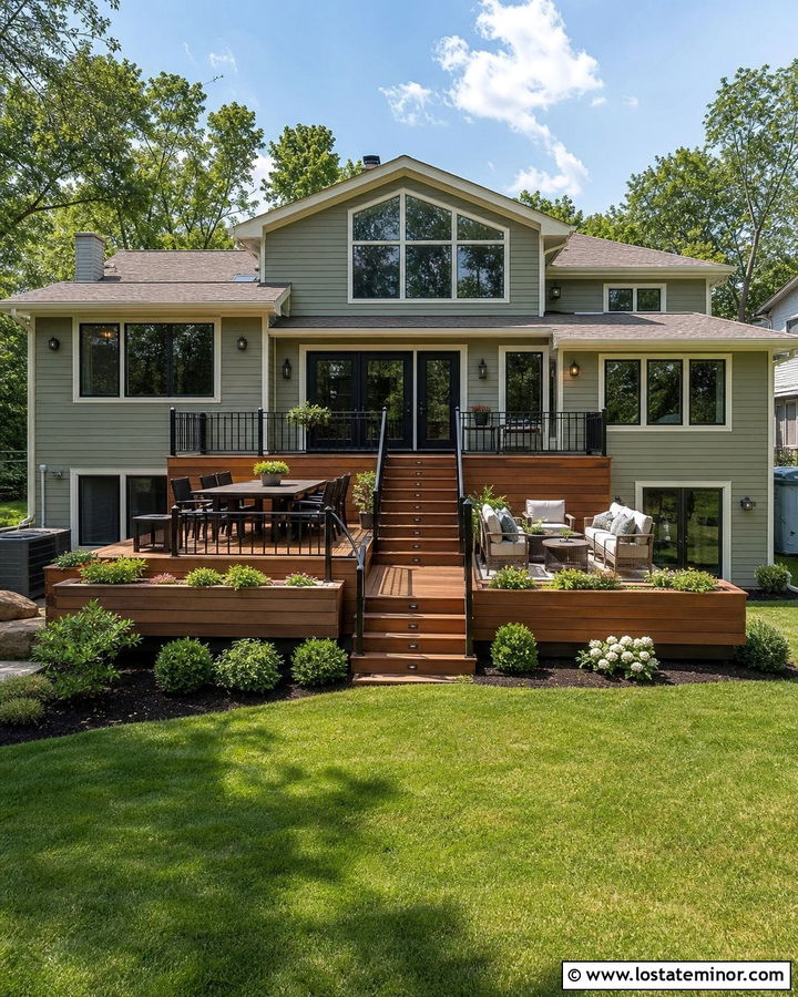 Sage Green Split Level House With Tiered Deck - 30 Sage Green House Design With Backyard Ideas