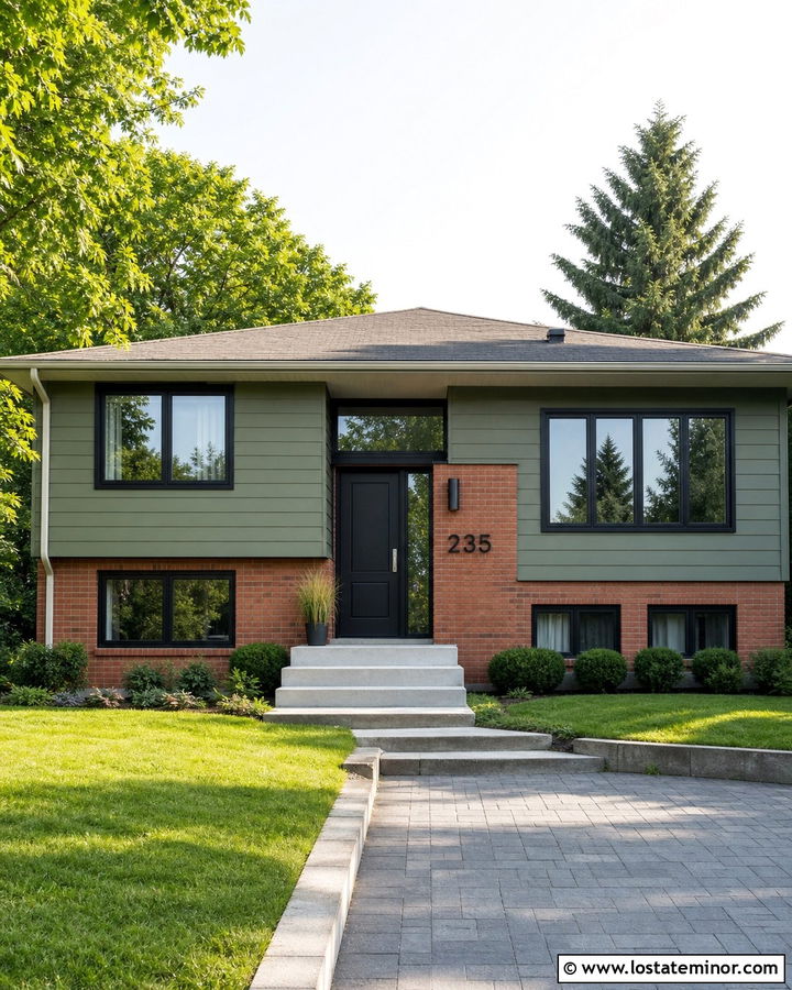 Sage Green Split Level With Black Numbers On Brick - 30 Sage Green House Design With House Numbers Ideas