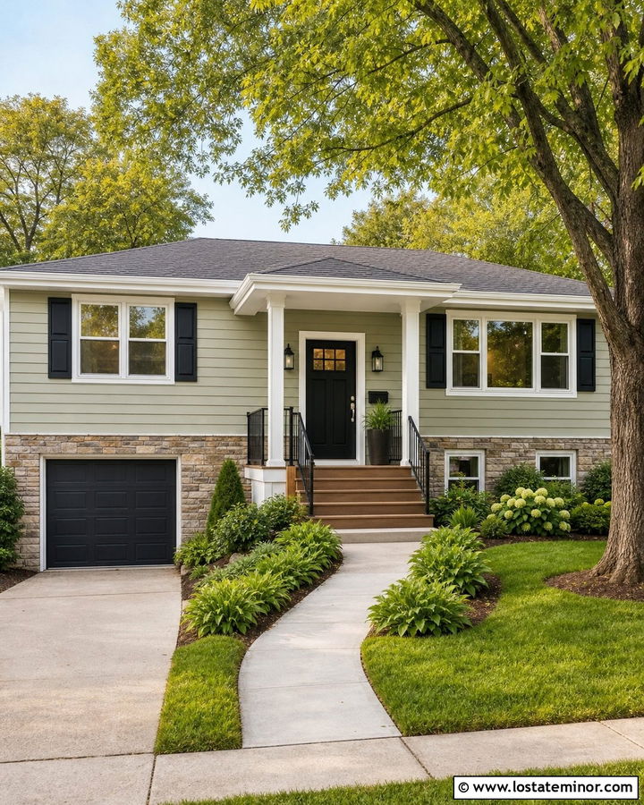 Sage Green Split Level With Black Porch Railings - 30 Sage Green House Design With Front Porch Ideas