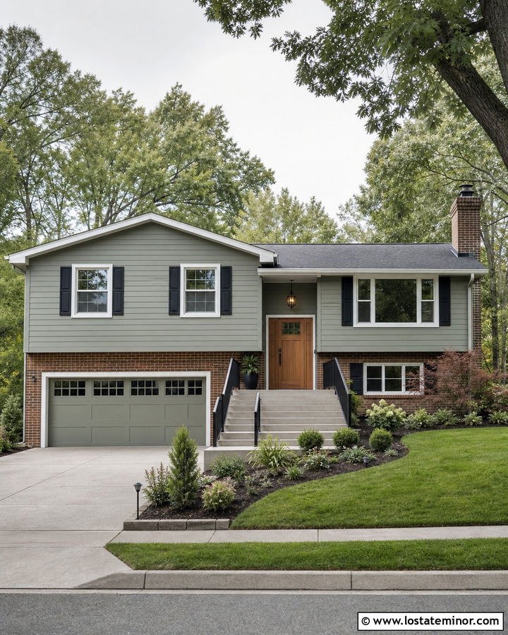 Sage Green Split Level With Black Shutters - 30 Sage Green House Design With Shutters Ideas