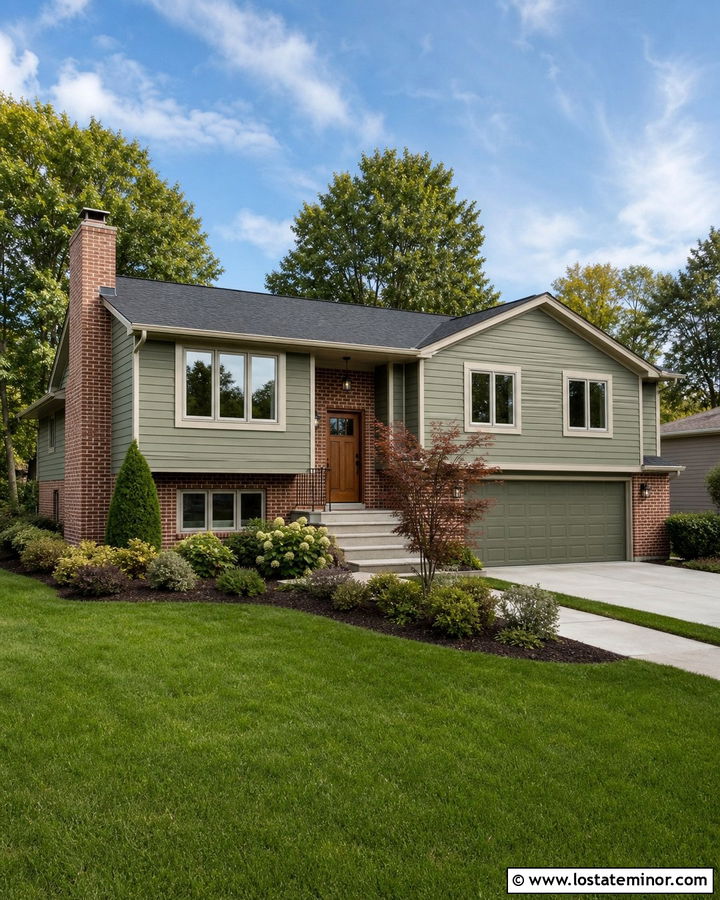 Sage Green Split Level With Brick Chimney - 30 Sage Green House Design With Chimney Ideas