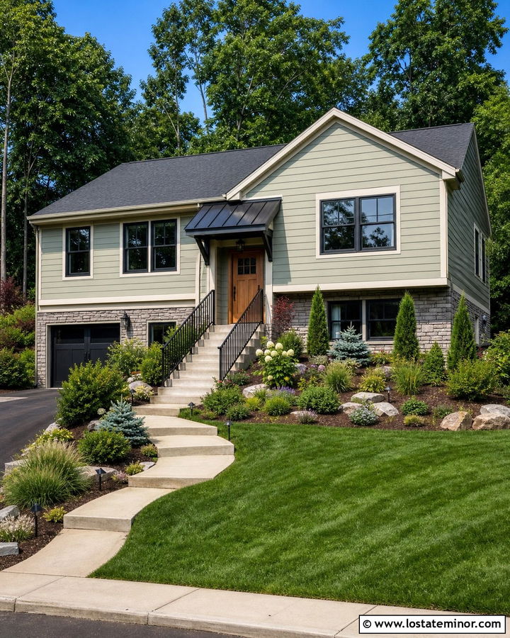Sage Green Split Level With Entry Awning - 30 Sage Green House Design With Awning Ideas