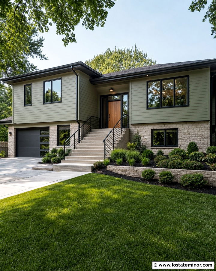 Sage Green Split Level With Entry Railings - 30 Sage Green House Design With Railings Ideas