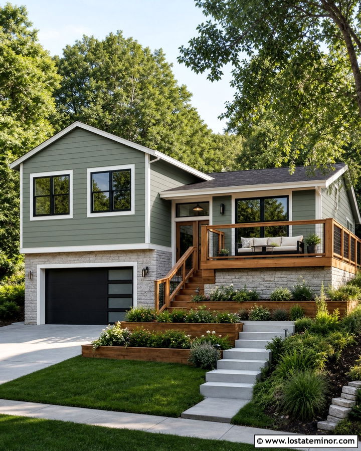 Sage Green Split Level With Lower Deck Daybed - 30 Sage Green House Design With Daybed Ideas