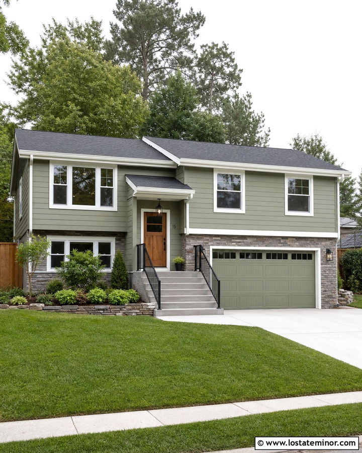 Sage Green Split Level With Mixed Stone Wainscoting - 30 Sage Green House Design With Wainscoting Ideas