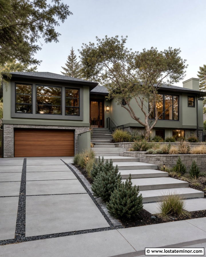Sage Green Split Level With Modern Driveway - 30 Sage Green House Design With Driveway Ideas