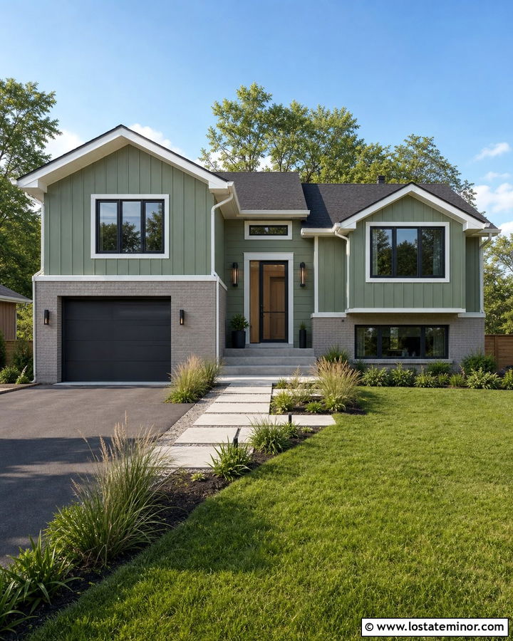 Sage Green Split Level With Modern Screen Door - 30 Sage Green House Design With Screen Door Ideas
