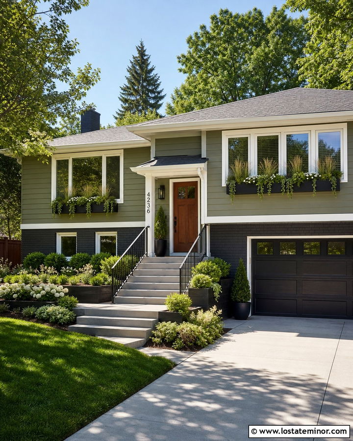 Sage Green Split Level With Modern Window Boxes - 30 Sage Green House Design With Window Boxes Ideas