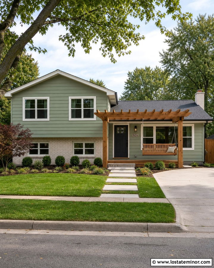 Sage Green Split Level With Pergola Swing - 30 Sage Green House Design With Swing Ideas
