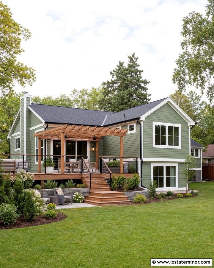 Sage Green Split Level With Raised Deck Pergola - 30 Sage Green House Design With Pergola Ideas