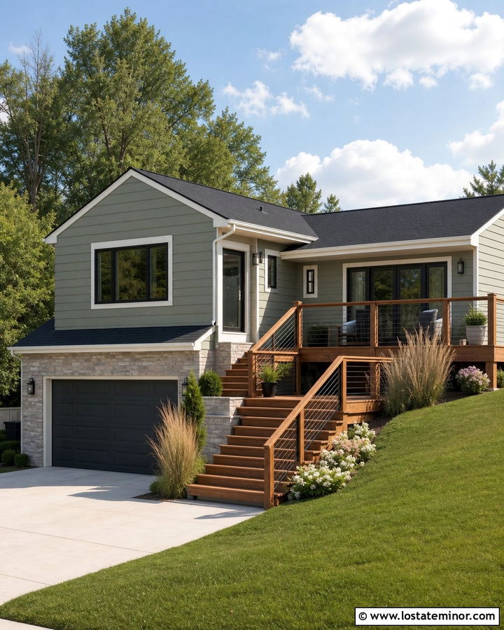 Sage Green Split Level With Two Tier Deck - 30 Sage Green House Design With Deck Ideas