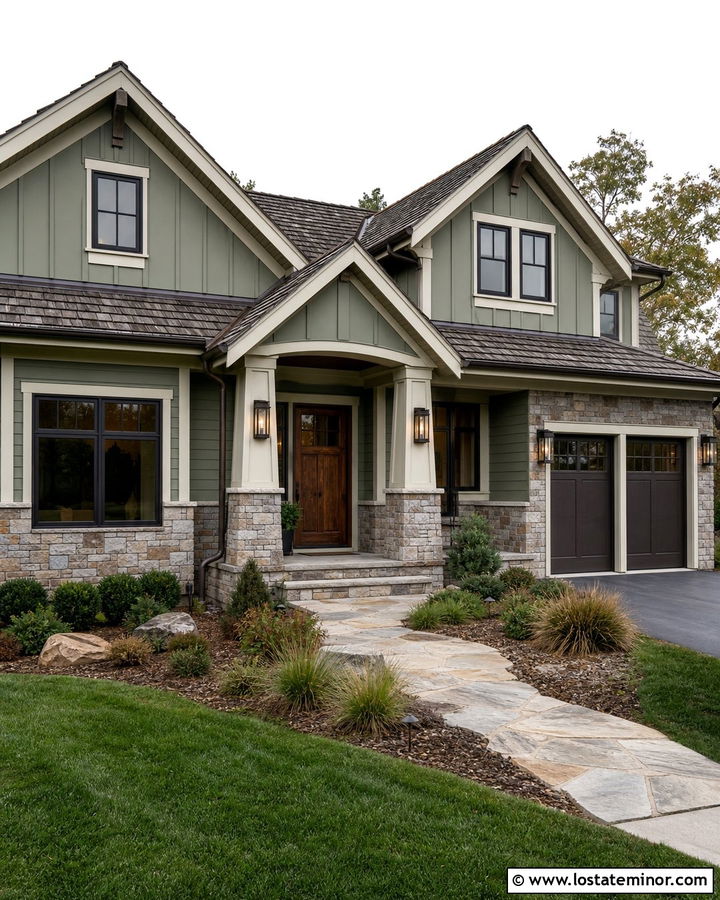 Sage Green Stone House With Bronze Sconces - 30 Sage Green House Design With Light Fixtures Ideas