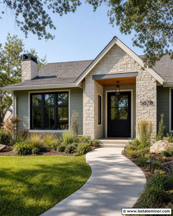 Sage Green Stone Ranch With Black House Numbers - 30 Sage Green House Design With House Numbers Ideas