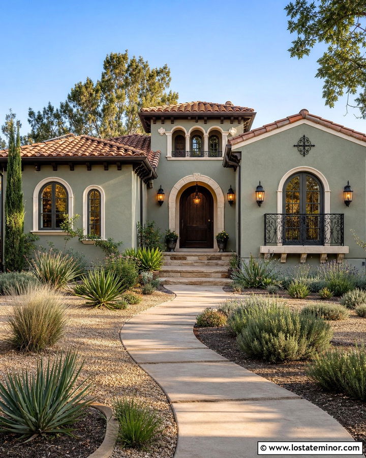 Sage Green Stucco House With Clay Roof - 30 Sage Green House Design With Accents Ideas