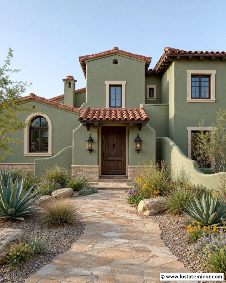 Sage Green Stucco House With Tile Awning - 30 Sage Green House Design With Awning Ideas