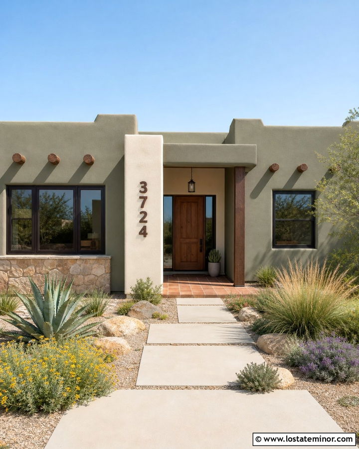 Sage Green Stucco House With Wood Numbers - 30 Sage Green House Design With House Numbers Ideas