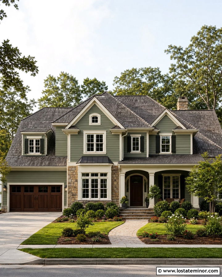 Sage Green Suburban House With Weathered Wood Shingles - 30 Sage Green House Design With Shingles Ideas
