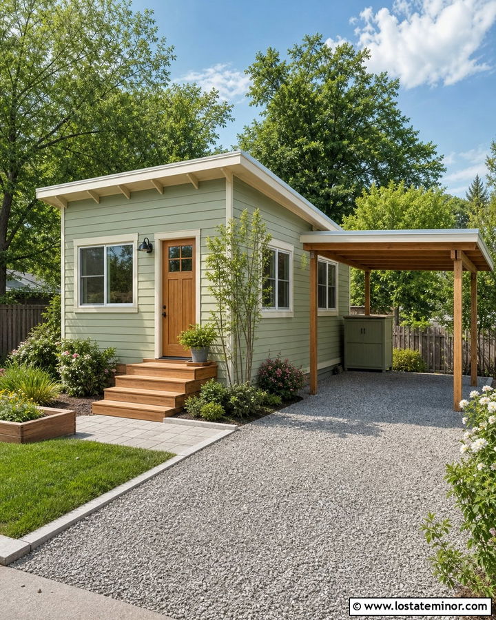 Sage Green Tiny House With Compact Carport - 30 Sage Green House Design With Carport Ideas