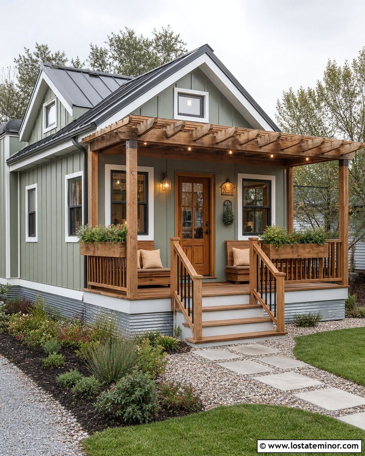 Sage Green Tiny House With Compact Pergola - 30 Sage Green House Design With Pergola Ideas