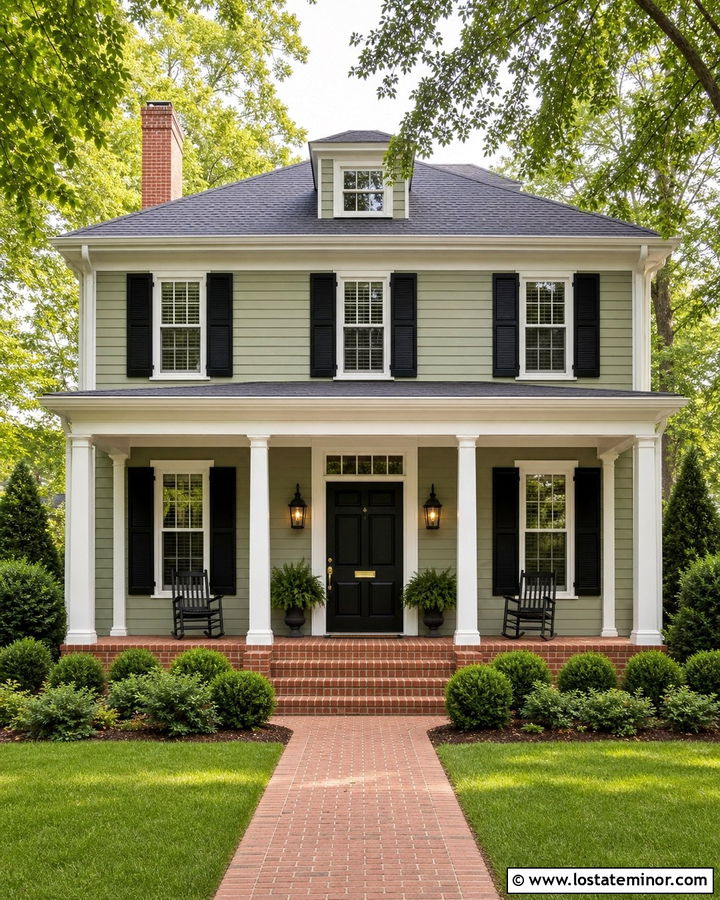 Sage Green Traditional House With Red Brick Porch - 30 Sage Green House Design With Front Porch Ideas