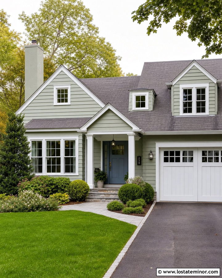 Sage Green Traditional House With Silver Numbers - 30 Sage Green House Design With House Numbers Ideas