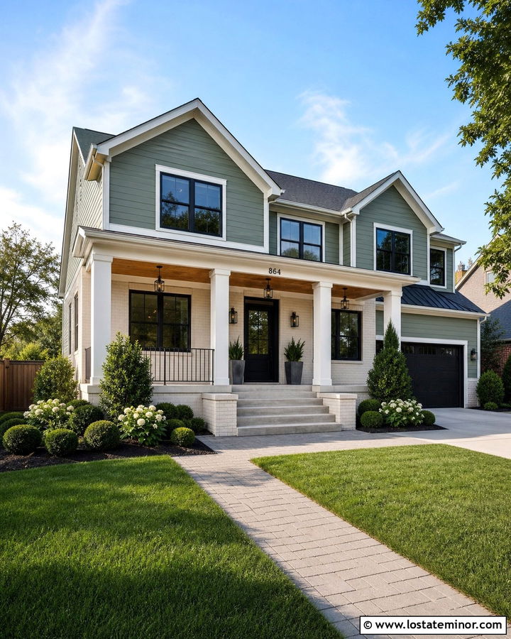 Sage Green Transitional House With White Brick Porch - 30 Sage Green House Design With Front Porch Ideas