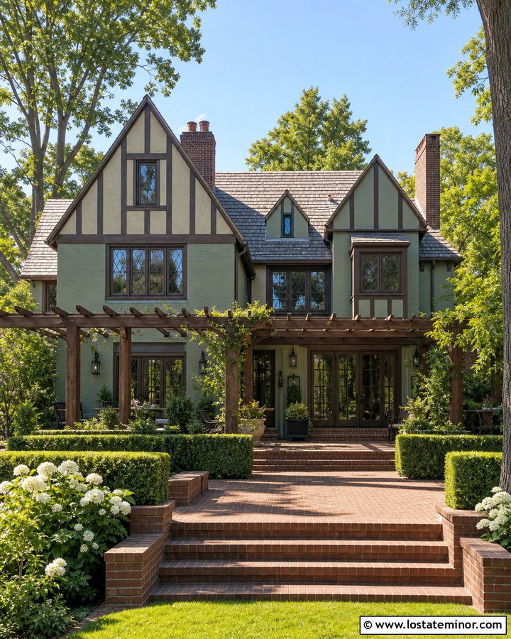 Sage Green Tudor House With Brick And Dark Wood - 30 Sage Green House Design With Backyard Ideas