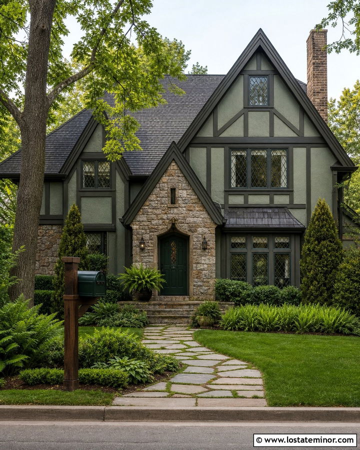Sage Green Tudor House With Dark Green Mailbox - 30 Sage Green House Design With Mailbox Ideas