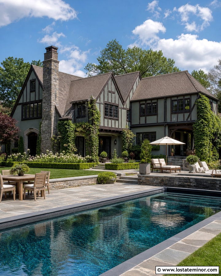 Sage Green Tudor House With Dark Pool Coping - 30 Sage Green House Design With Swimming Pool Ideas