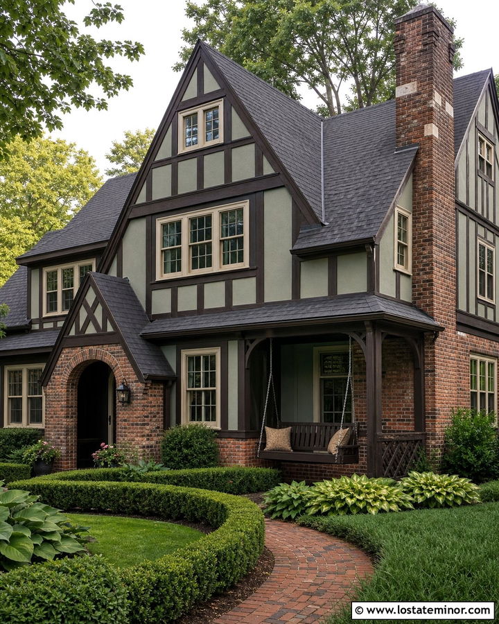 Sage Green Tudor House With Dark Wood Swing - 30 Sage Green House Design With Swing Ideas
