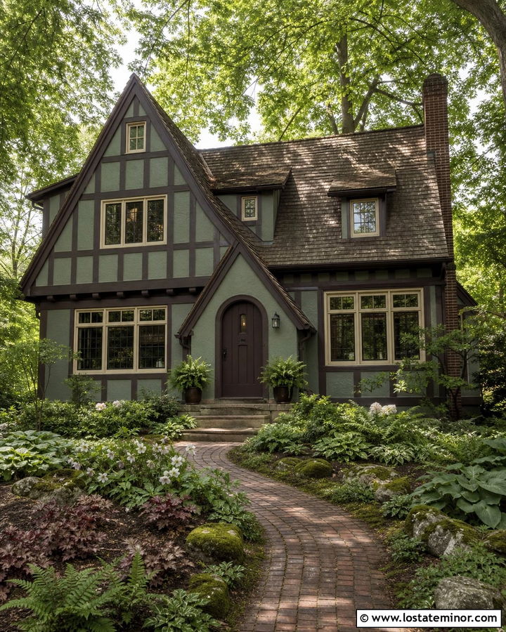 Sage Green Tudor House With Shade Garden - 30 Sage Green House Design With Front Yard Ideas