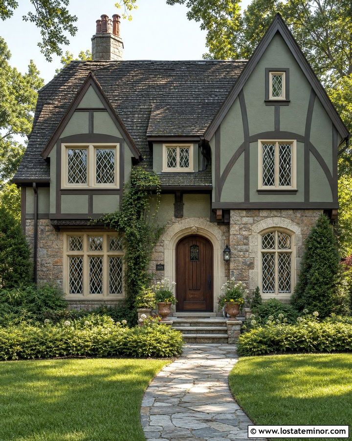 Sage Green Tudor House With Stone Accents - 30 Sage Green House Design With Stone Accents Ideas