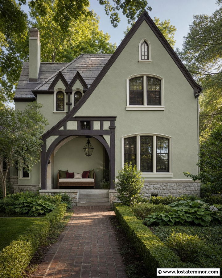 Sage Green Tudor House With Timber Daybed - 30 Sage Green House Design With Daybed Ideas