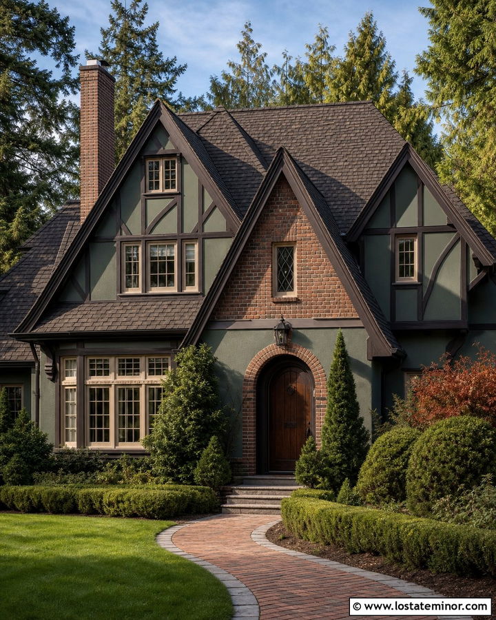 Sage Green Tudor With Brick Gables - 30 Sage Green House Design With Brick Accents Ideas