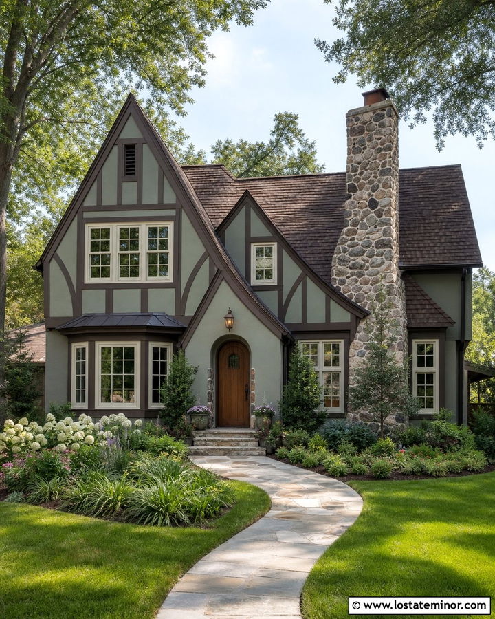 Sage Green Tudor With Dark Brown Shingles - 30 Sage Green House Design With Shingles Ideas