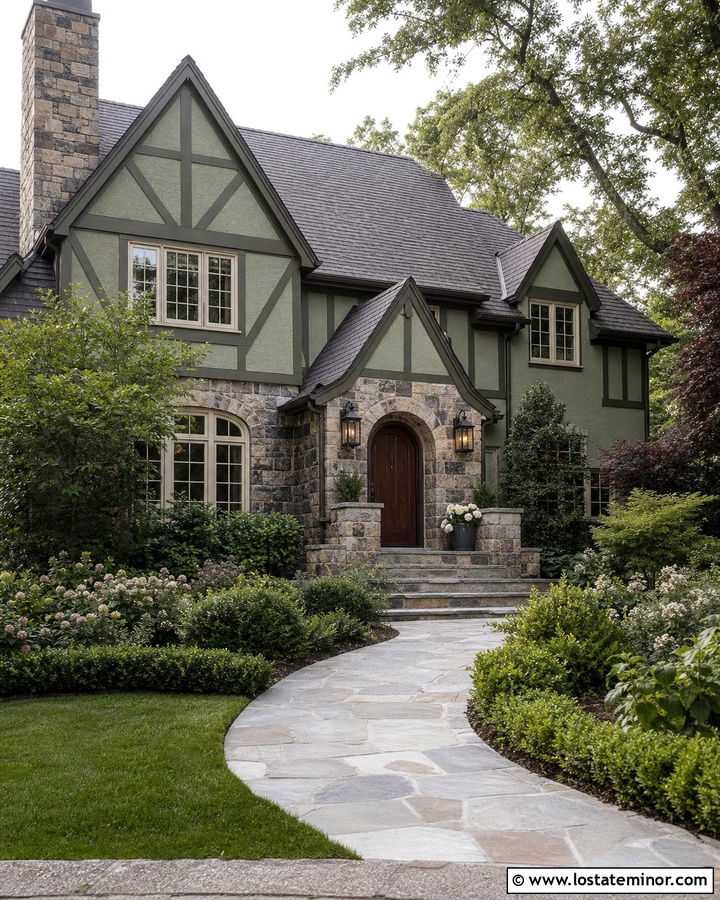 Sage Green Tudor With Dark Green Front Porch Trim - 30 Sage Green House Design With Front Porch Ideas