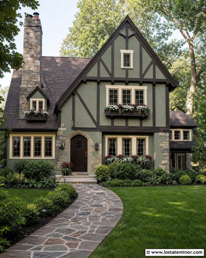 Sage Green Tudor With Dark Wood Window Boxes - 30 Sage Green House Design With Window Boxes Ideas