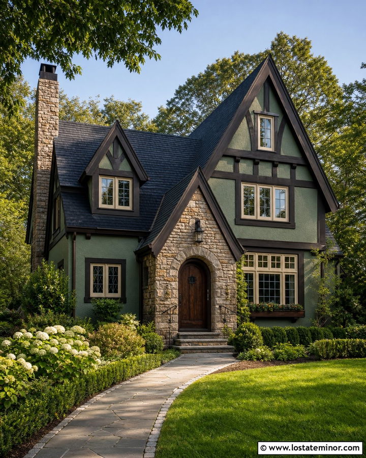 Sage Green Tudor With Gabled Dormers - 30 Sage Green House Design With Dormers Ideas