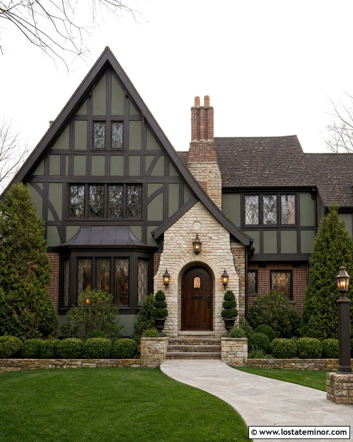 Sage Green Tudor With Leaded Glass Lanterns - 30 Sage Green House Design With Light Fixtures Ideas