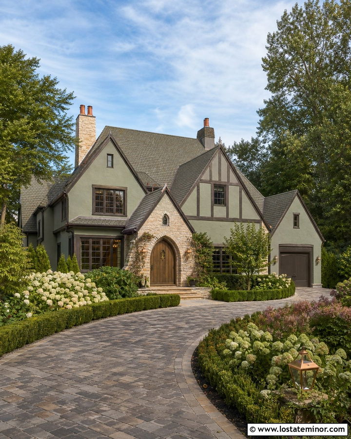 Sage Green Tudor With Paver Driveway - 30 Sage Green House Design With Driveway Ideas