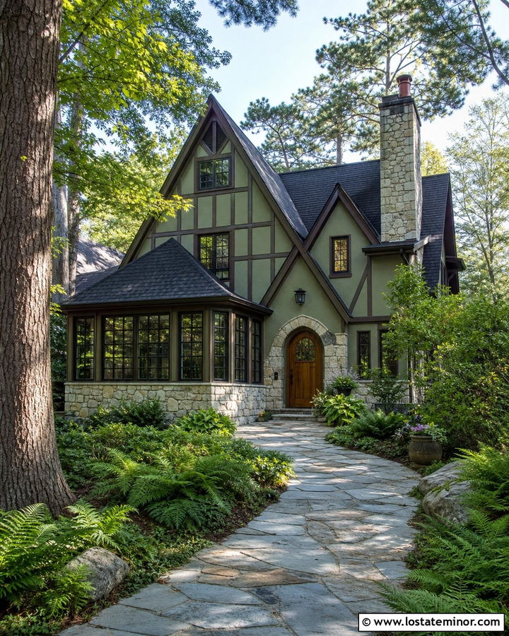 Sage Green Tudor With Stone Sunroom - 30 Sage Green House Design With Sunroom Ideas