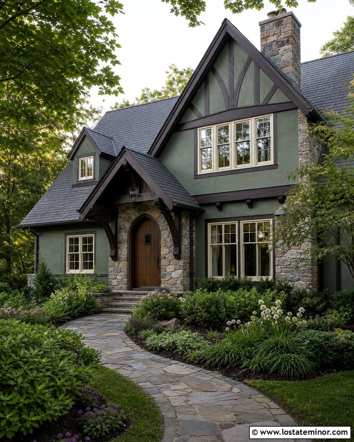 Sage Green Tudor With Timber Awning - 30 Sage Green House Design With Awning Ideas