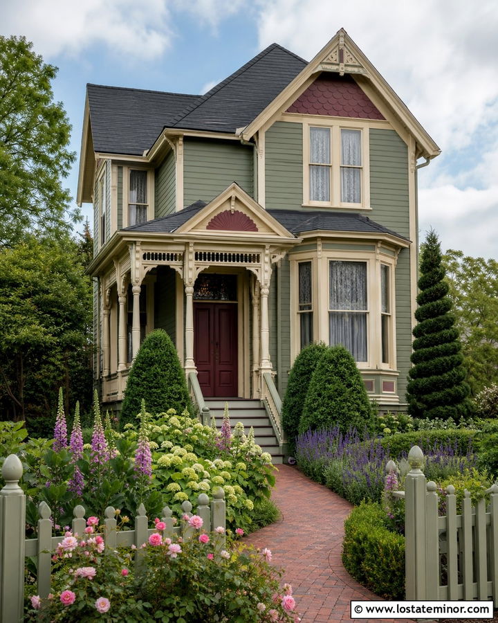 Sage Green Victorian House With Flowering Front Yard - 30 Sage Green House Design With Front Yard Ideas