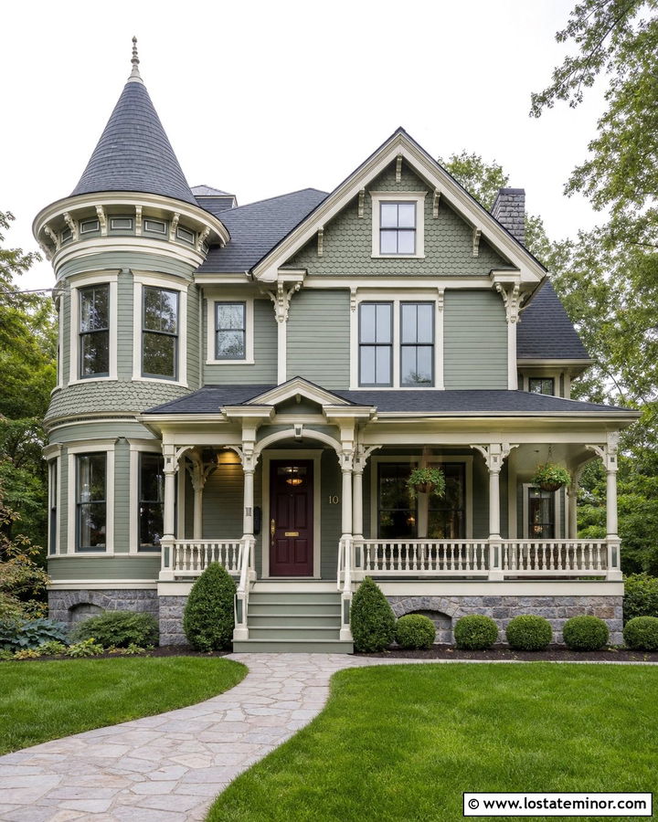 Sage Green Victorian House With Stone Foundation - 30 Sage Green House Design With Stone Accents Ideas