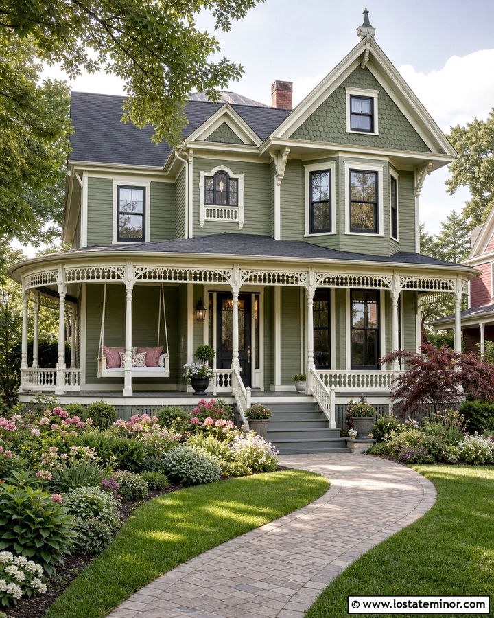 Sage Green Victorian House With Wraparound Porch Daybed - 30 Sage Green House Design With Daybed Ideas