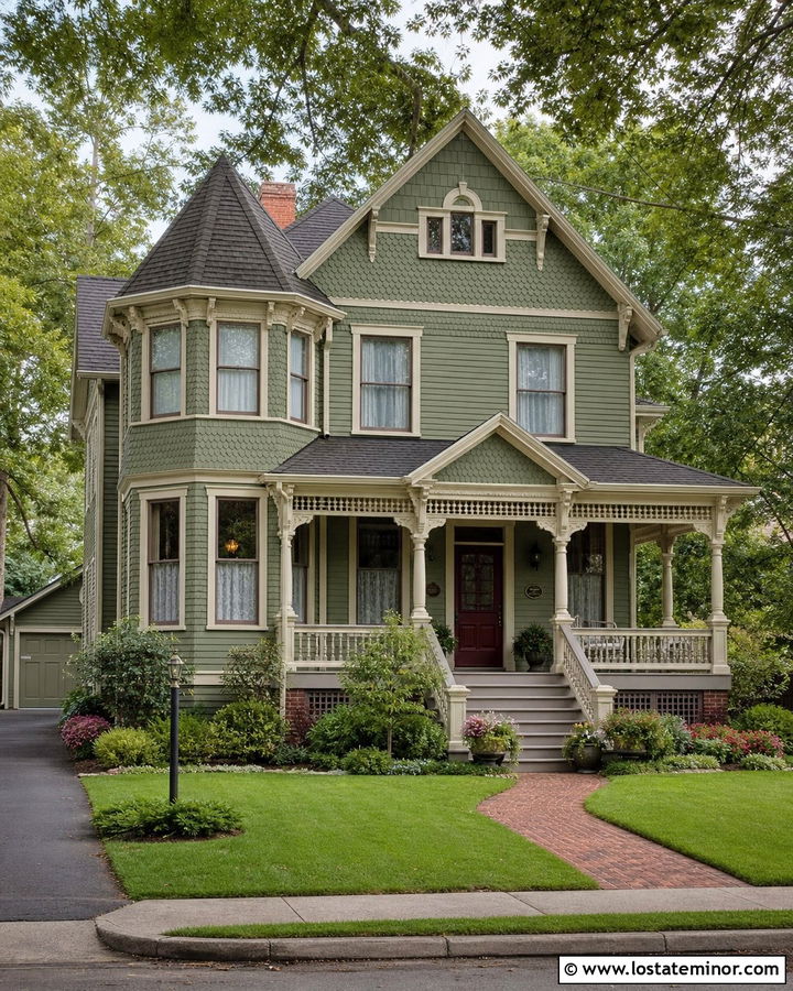 Sage Green Victorian Siding With Cream Accents - 30 Sage Green House Design With Siding Ideas