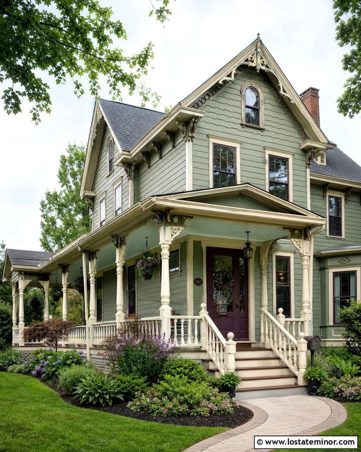 Sage Green Victorian With Beadboard Porch Ceiling - 30 Sage Green House Design With Porch Ceiling Ideas