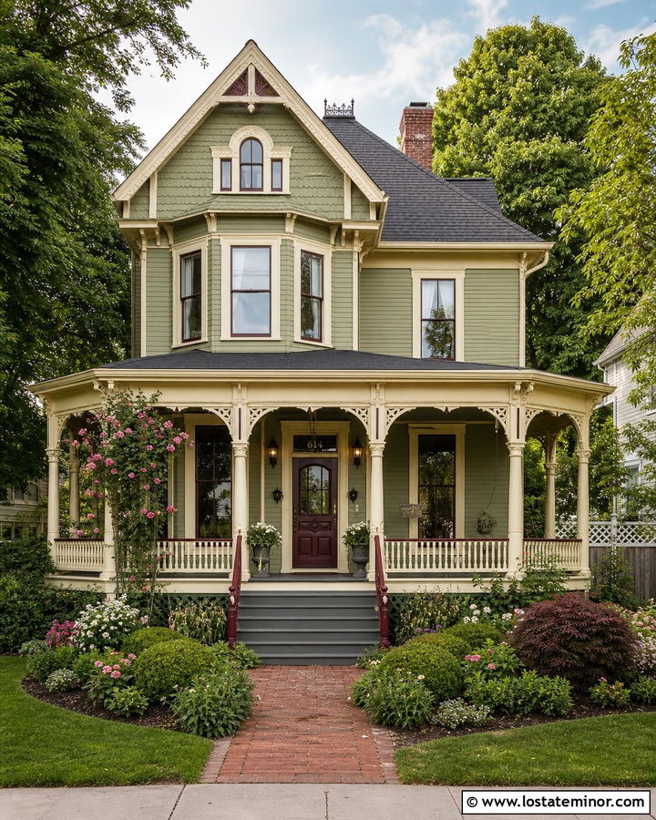 Sage Green Victorian With Burgundy Front Porch - 30 Sage Green House Design With Front Porch Ideas