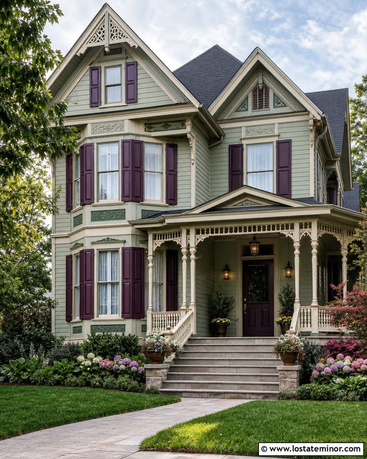 Sage Green Victorian With Dark Plum Shutters - 30 Sage Green House Design With Shutters Ideas