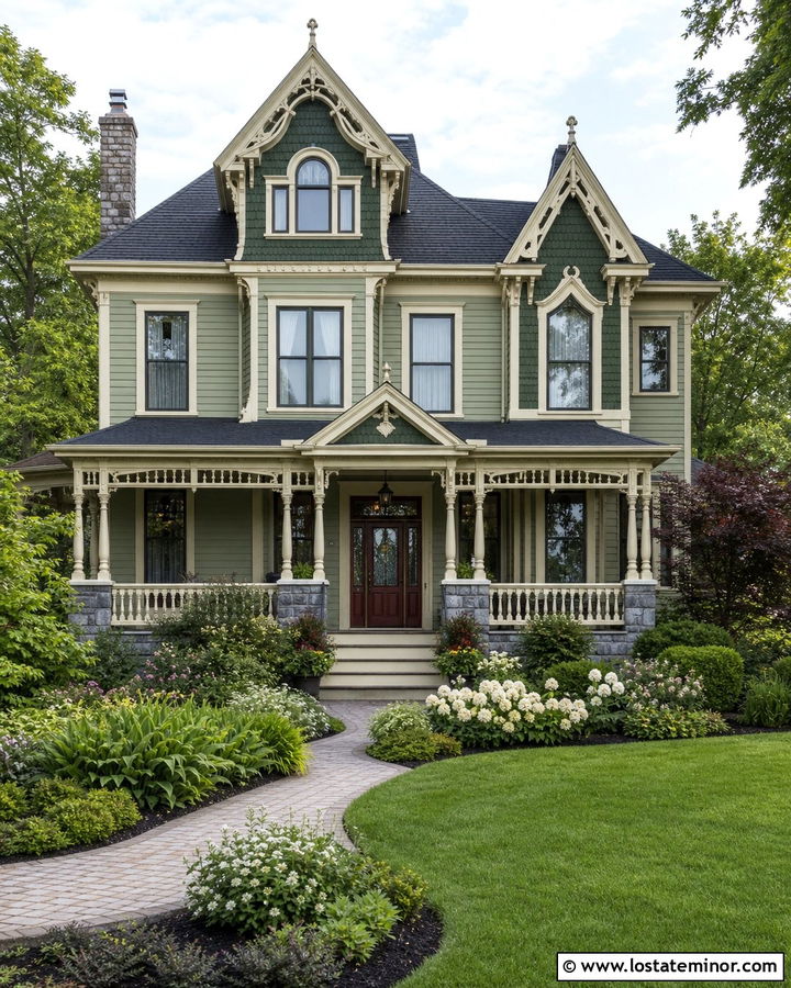 Sage Green Victorian With Decorative Dormers - 30 Sage Green House Design With Dormers Ideas